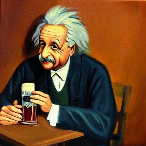 Prompt: Painting of Albert Einstein drinking beer at a pub