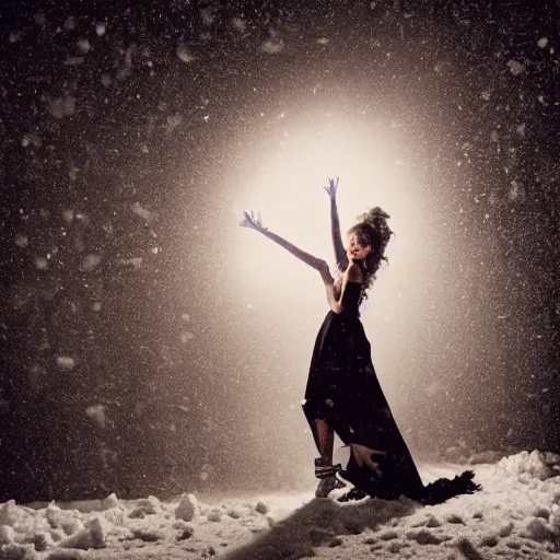 Prompt: medium format photograph of a surreal fashion shoot in the snow at night with camera flash