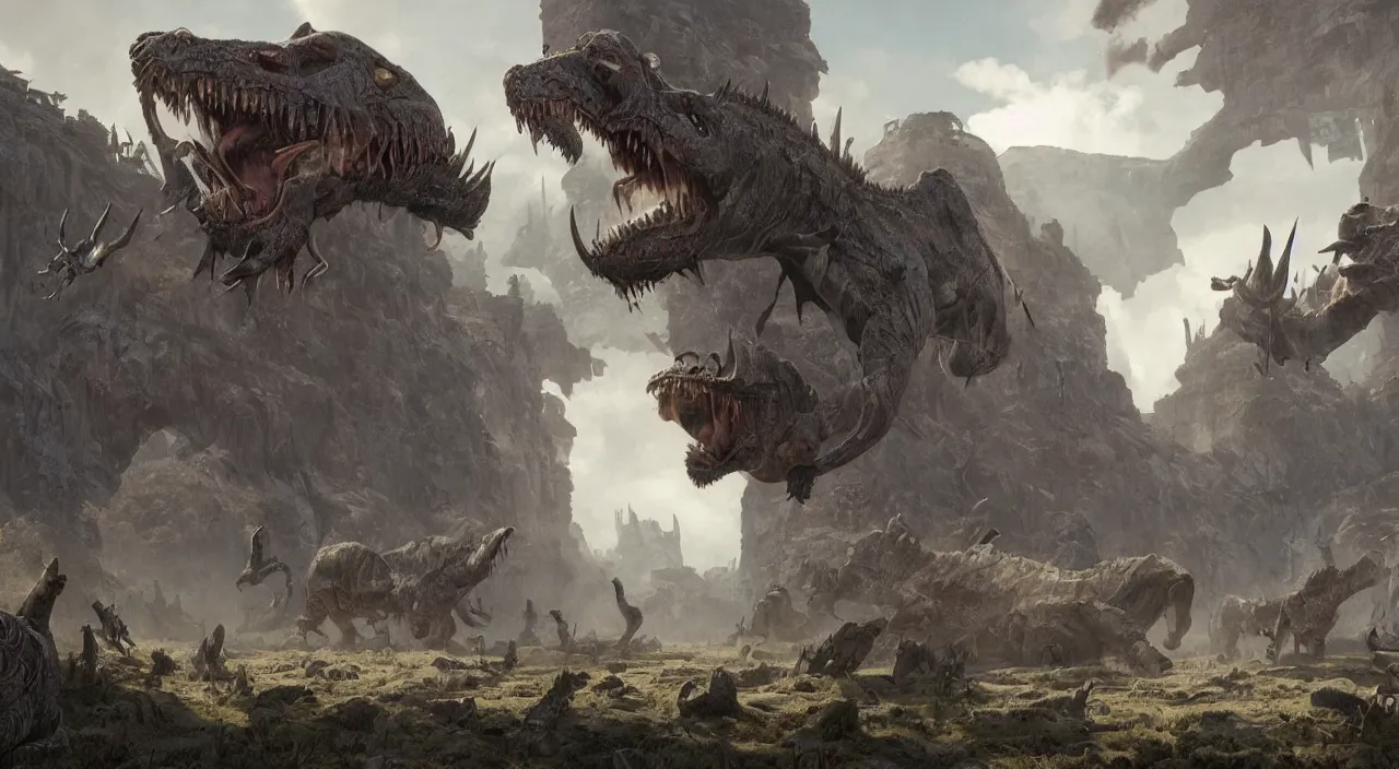 Image similar to technicolor glowing prehistoric beasts, surrounded by slate grey walls, insane details, dramatic lighting, unreal engine 5, concept art, greg rutkowski, james gurney, johannes voss, hasui kawase.