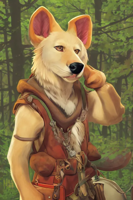 Prompt: stylized close up character portrait icon of the anthro anthropomorphic jindo dog trader head animal person fursona wearing clothes standing in the bright forest, hidari, color page, tankoban, 4 k, tone mapping, akihiko yoshida