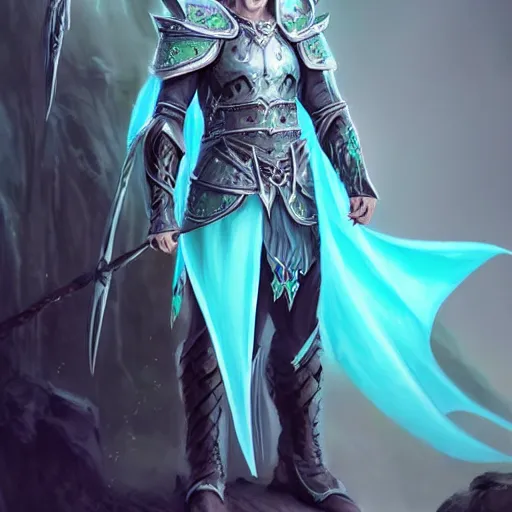 Image similar to handsome male snow elf in a turquoise cape and silver ornate armour, albino skin, ultra detailed fantasy, elden ring, realistic, dnd character portrait, full body, dnd, rpg, lotr game design fanart by concept art, behance hd, artstation, deviantart, global illumination radiating a glowing aura