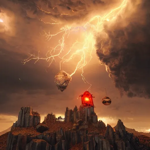 Image similar to a flying steampunk fortress, intricate, behrens style, octane render, fantasy digital art, beautiful composition, trending on artstation, night, meteors, lightning!!! storm, dramatic lighting, red glow, eldritch