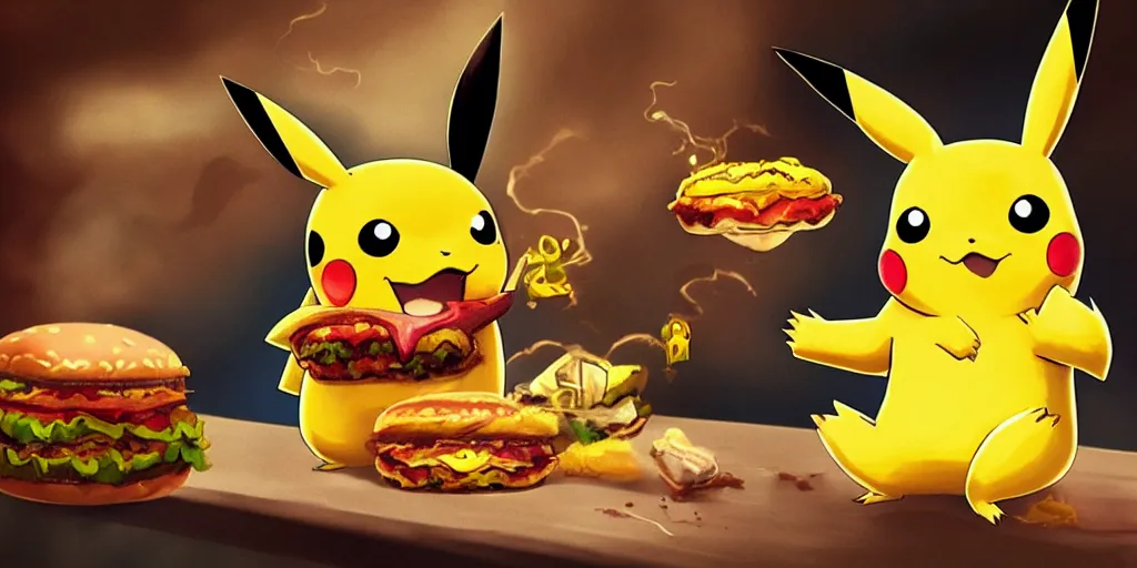 Prompt: Pikachu eating a hamburger, digital art, highly detailed, trending on artstation, 4k uhd, epic composition