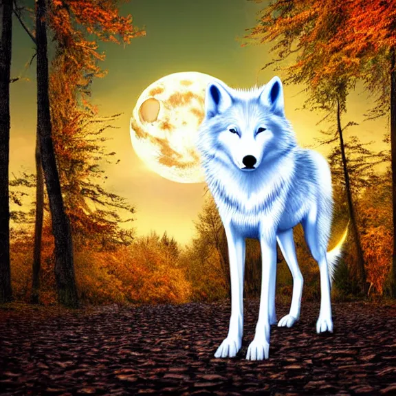 Image similar to white wolf with blue eyes stands in a dark night dormant autumn forest with magic moon in sky, no yellow color in eyes, no yellow color, realistic