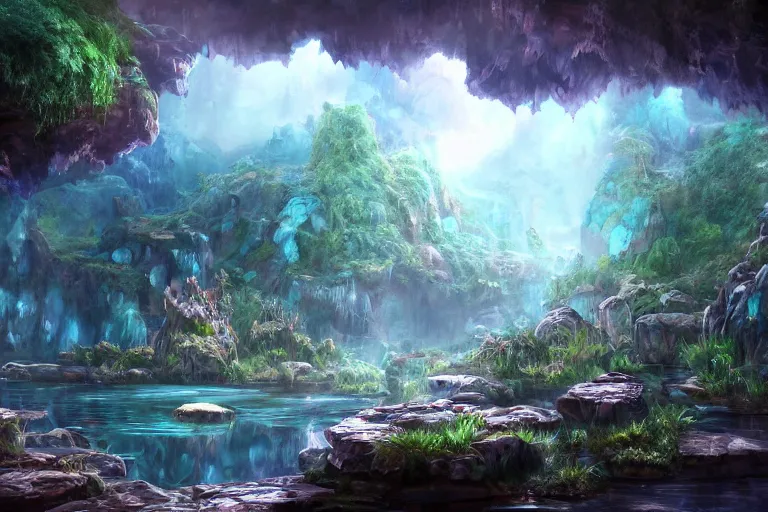 Image similar to beautiful stunning painting of a deep mysterious rocky varied cave landscape filled with large magic glowing clear crystals and filled with some ((plants)) and a small reflective pond, fantasy, digital art, realism, unreal engine, sharp, detailed, trending on artstation