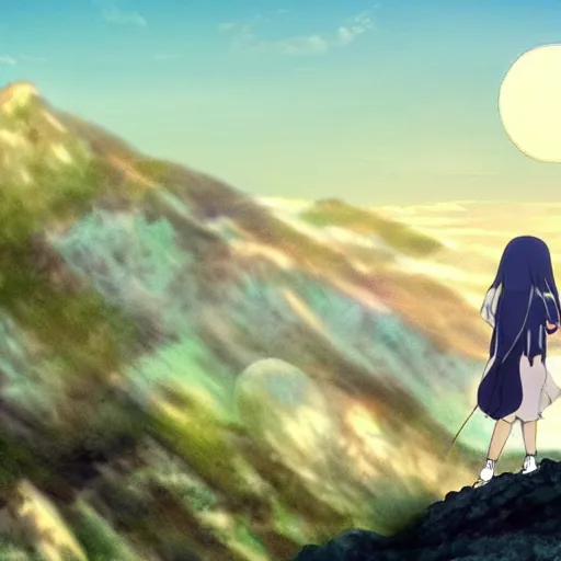 Image similar to a perfect being standing in front of the moon on the mountainside anime beautiful