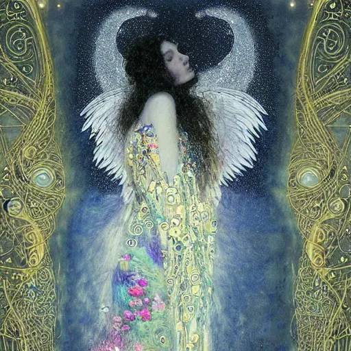 Image similar to dreamy angel, in the cosmos, 🌫🌌 intricate long shelve robes, intricate detail, klimt, royo,