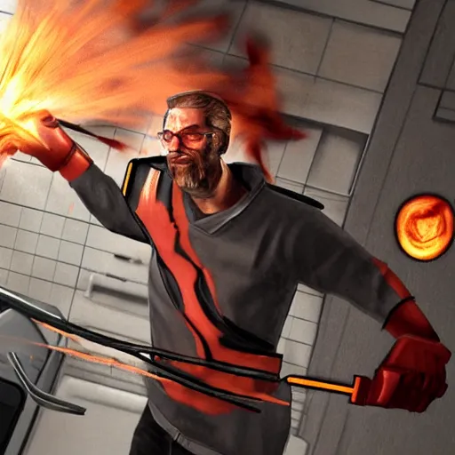 Image similar to Gordon Freeman destroys the microwave, photorealistic