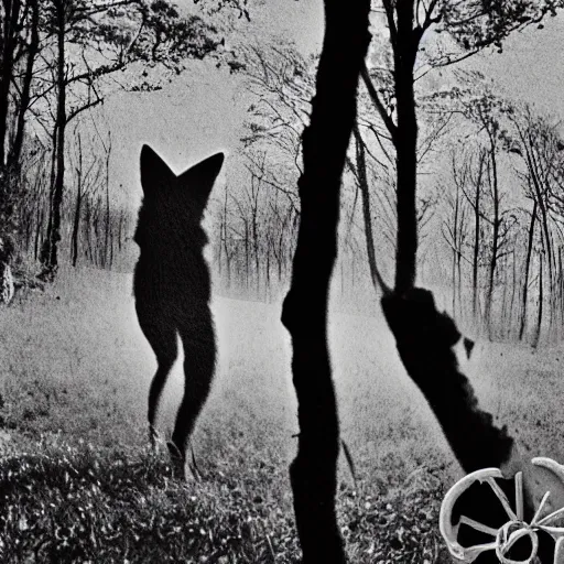 Image similar to bad waulity nightfootage nightcam black and white trailcam footage of native weird distorted human body Skinwalker transforming into a coyote
