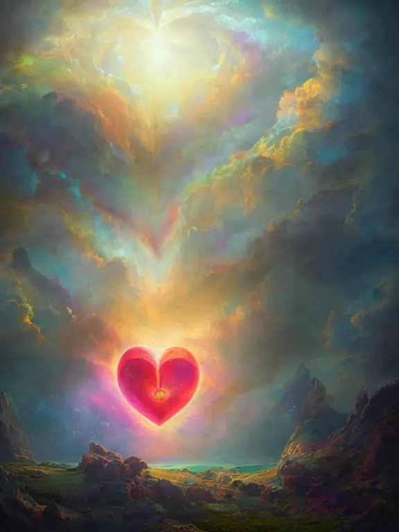 Image similar to a ultradetailed beautiful matte painting of the prismatic heart absorbing the wonderful colors of the emotion around it, oil painting, high resolution 4 k, by tom bagshaw, greg rutkowski, charli bowater and artgeem