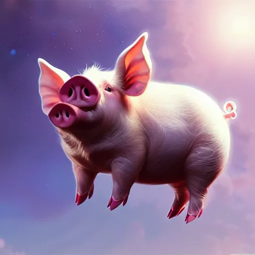 Image similar to cute pig in the sky, cute and cuddly, highly detailed, photorealistic, octane render, 8 k, unreal engine. art by artgerm and greg rutkowski and alphonse mucha, beautiful