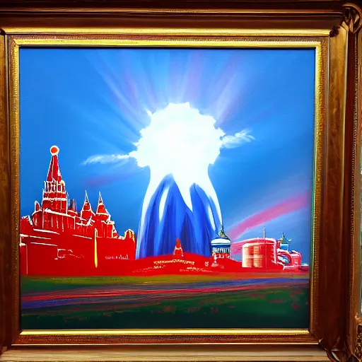 Prompt: vladimir putin, painting a painting of happy little hydrogen nuclear explosion in moscow red square, intricate, highly detailed, smooth, artstation,