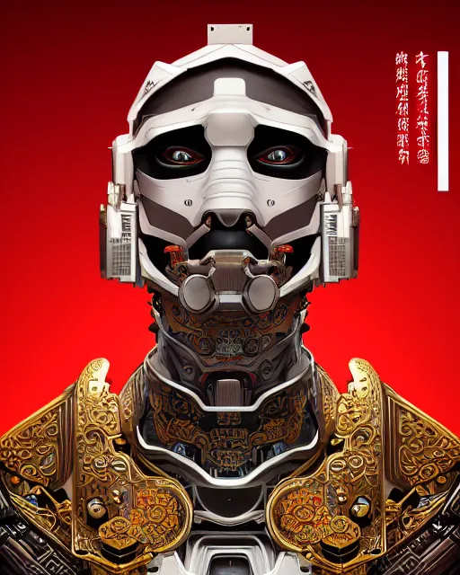 Image similar to portrait of a masculine male cyberpunk machine, machine face, upper half portrait, decorated with chinese opera motifs, asian, fine china, wuxia, traditional chinese art, intricate, elegant, highly detailed, symmetry, headpiece, digital painting, artstation concept art smooth sharp focus, illustration, art by artgerm and greg rutkowski alphonse mucha 8 k