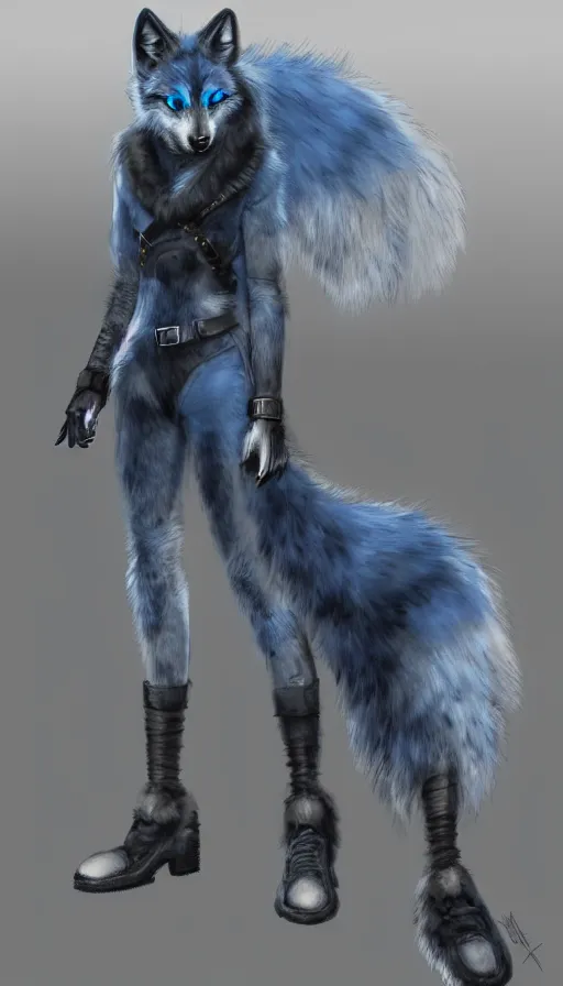 Prompt: dieselpunk furry blue wolf with fuzzy tail, concept art, dramatic, fantasy, pixiv