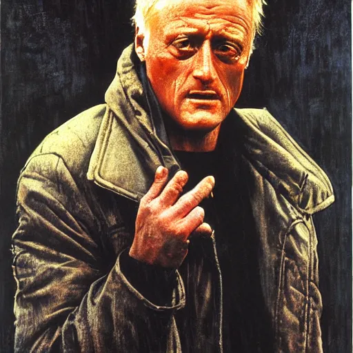 Image similar to rutger hauer as roy batty from blade runner 1982 tears in rain speech, painted by norman rockwell and tom lovell and frank schoonover