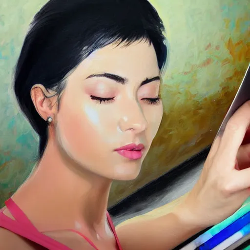 Image similar to painting detailed portrait woman using computer