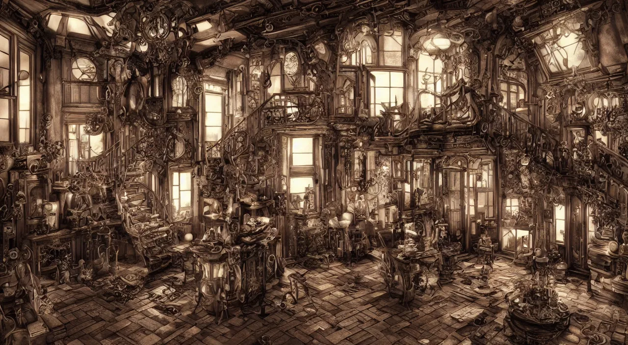 Image similar to dramatic a steampunk house interior by junji ito, hyper detailed, bold smooth lines, octane render, trending on artstation