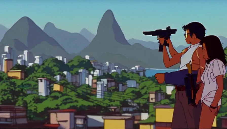 Image similar to 1 9 8 6 movie screencap of a couple with a gun on a rio de janeiro, gucci clothes, studio ghibli sky, beautiful favela background extremely utra high quality artwork 8 k