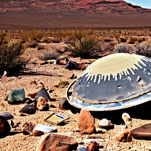 Image similar to crashed burning UFO broken flying saucer in pieces strewn across a rocky desert, with a sad Roswell grey alien trying to repair his destroyed spacecraft in the desert, crashed smoking UFO, crashed bent and broken Flying Saucer, cactus and rocks in the background, dusk, Nikon photo