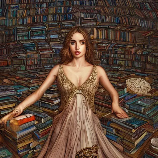 Image similar to a portrait of ana de armas as the goddess minerva, surrounded by stacks of books, bioluminescent gown with deep level of detail of esoteric symbols, urban motifs, intricate, elegant, highly detailed, digital painting, trending on artstation, concept art, smooth sharp focus, illustration, art by artgerm and greg rutkowski