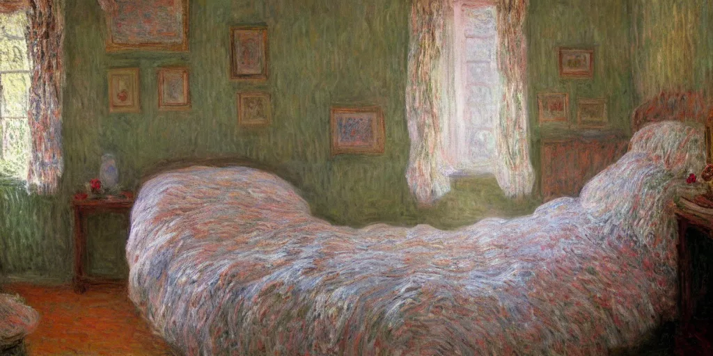 Image similar to a cozy bedroom decorated by Monet, detailed, high resolution, wow!, intricate