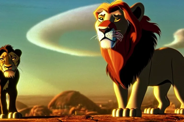 Image similar to scar ( from the lion king 1 9 9 4 ), heavily armed and armored facing down armageddon in a dark and gritty version from the makers of fallout : war never changes