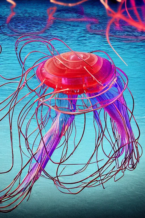 Image similar to a hypnotic glowing jellyfish with tentacles made out of razor wire swimming though a beautiful multicolored sea