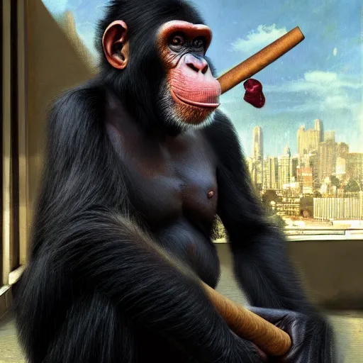 Image similar to a chimp wearing a suit smoking a cigar, dramatic lighting, cinematic, establishing shot, extremly high detail, photorealistic, cinematic lighting, artstation, style by James Gurney