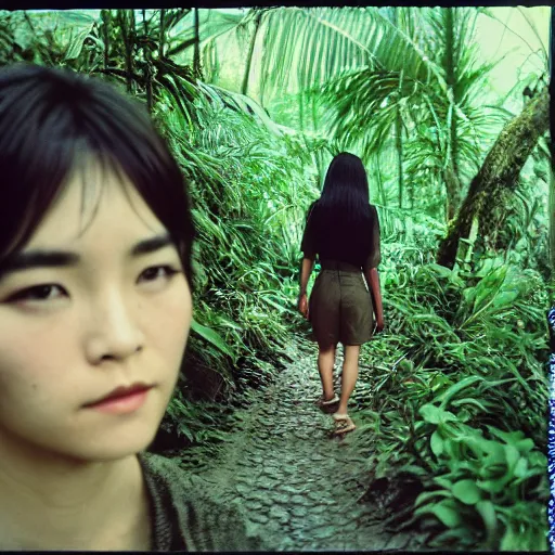 Image similar to japanese version of emma watson, walking through vietnam jungle, portrait, close up, award winning, kodak ektachrome expired blue tint,