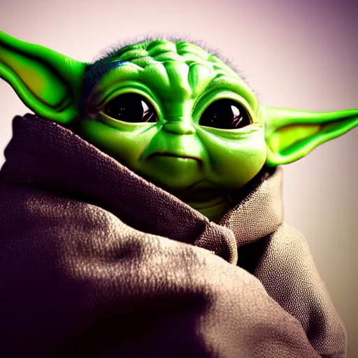 Image similar to profile shot of Baby Yoda with black background, strong bokeh, dramatic, cinematic, high contrast, octane render, 4k