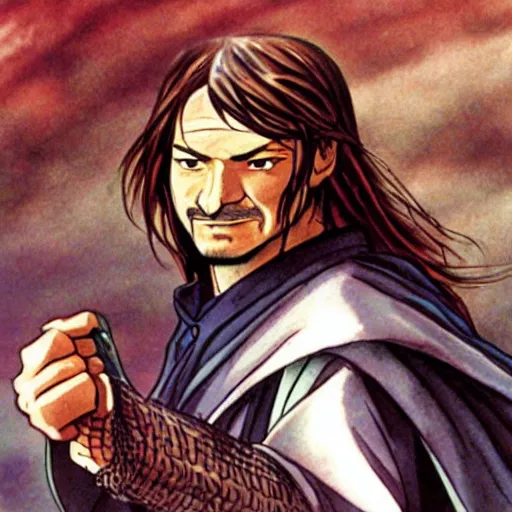 Prompt: boromir in an 80\'s anime world, with a sword, looking stern, close up, incredibly detailed, ultra realistic, Satoshi Kon