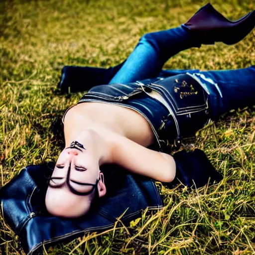 Prompt: young girl lies on a meadow, she wears leather jacket, jeans and black boots, intricate, sharp focus, photo taken by nikon, 4 k, studio lightning