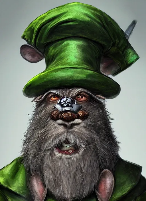 Prompt: anthropomorphic rat with human eyes and a gray beard, wearing jewelry, tricorne hat, green robe, skaven, warhammer fantasy, d & d, digital art, detailed face, highly detailed, trending on artstation, realistic