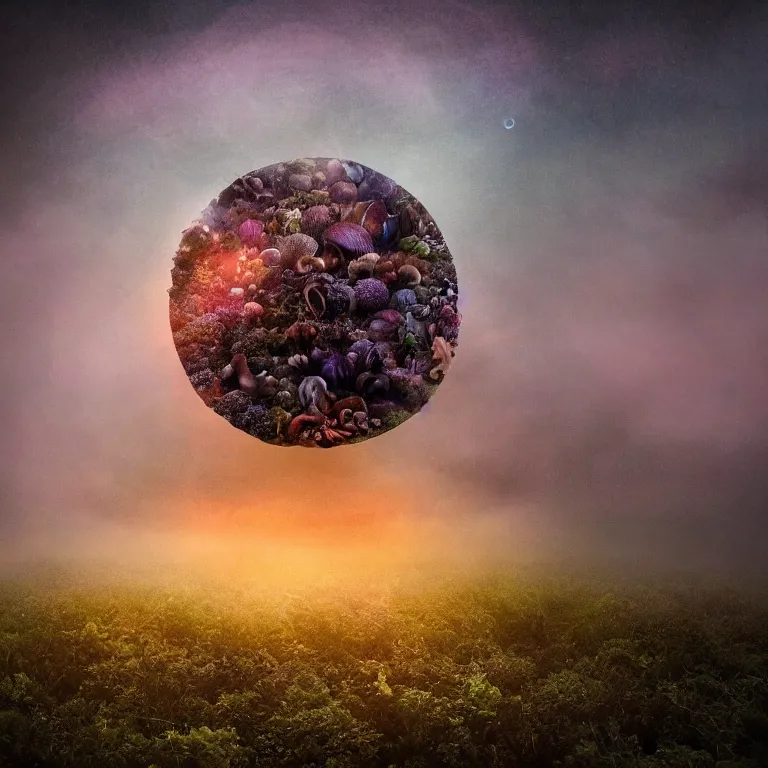 Image similar to a planet of various fungus, mushrooms and plants, inside the picture is infinity, sunset light, Atmospheric phenomenon, artistic photography, muted colors, conceptual, long exposure outside the city, volumetric light