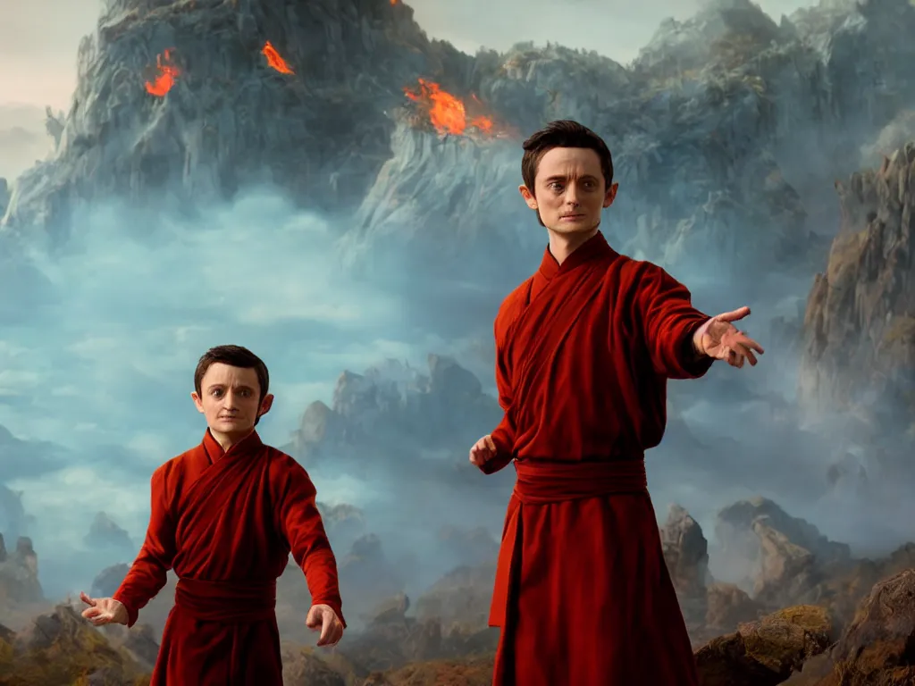 Prompt: elijah wood as fire lord ozai, firebending, in the style of avatar the last airbender, 4 k, intense