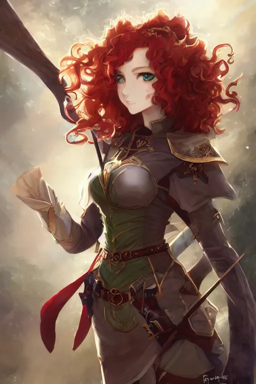 Prompt: A beautiful anime portrait of a curly haired redhead female elf, rpg ranger outfit, elven bow, by Stanley Artgerm Lau, WLOP, Rossdraws, James Jean, Andrei Riabovitchev, Marc Simonetti, and Sakimichan, tranding on artstation