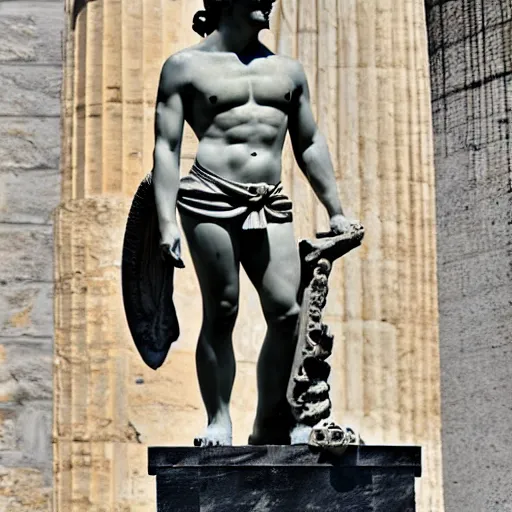 Prompt: Mario as a greek god statue, realistic photo in athens