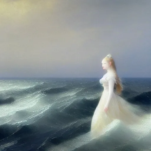 Prompt: Painting of Elle Fanning at sea, long blonde hair, delicate, pale milky white porcelain skin, by Ivan Aivazovsky. 8K. Extremely detailed.