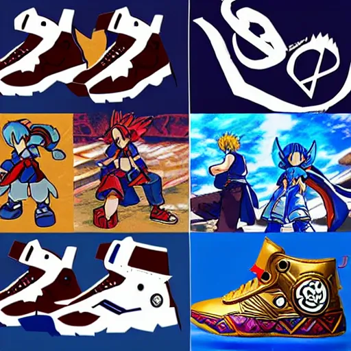 Image similar to fantasy jrpg sneaker design designed by capcom megaman, chrono trigger guilty gear sneaker styles, aztec mayan street fashion native punk sneaker design, focus on megaman hip hop sneaker design with subtle mayan patterns, trending on pixiv fanbox, painted by akira toriyama and studio ghibli princess mononoke megaman capcom