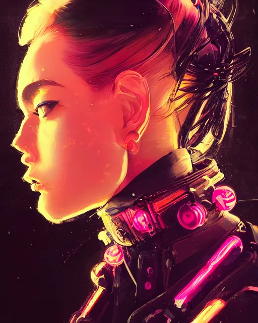 Image similar to detailed side profile portrait Neon Operator Girl, cyberpunk futuristic neon, reflective puffy coat, decorated with traditional Japanese ornaments by Ismail inceoglu dragan bibin hans thoma greg rutkowski Alexandros Pyromallis Nekro Rene Maritte Illustrated, Perfect face, fine details, realistic shaded, fine-face, pretty face