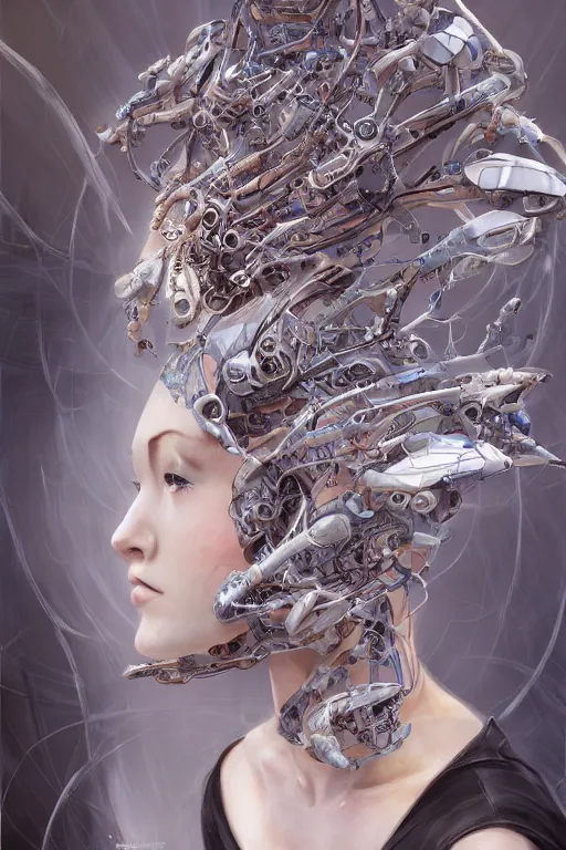 Image similar to organic cyborg head wrapped in silk, 3d, third person, sci-fi fantasy, intricate, elegant, highly detailed, lifelike, photorealistic, digital painting, artstation, illustration, concept art, sharp focus, art in the style of Shigenori Soejima