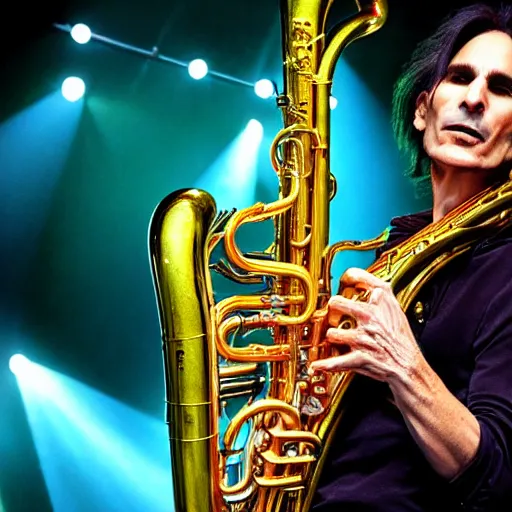 Prompt: Steve vai playing the tuba sensually, realistic, 4K,