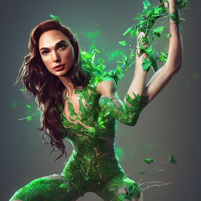 Image similar to portrait of Gal Gadot as a Poison Ivy. intricate artwork. by Tooth Wu, wlop, beeple, dan mumford. octane render, trending on artstation, greg rutkowski very coherent symmetrical artwork. cinematic, hyper realism, high detail, octane render, 8k