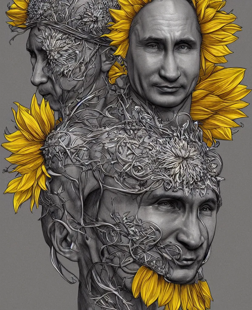 Image similar to digital art, centered full body of Putin smiling king, Sunflower crown, ,intricate, veins, by James Jean and by artgerm , by ross tran ultradetailed, charachter design, concept art, trending on artstation,