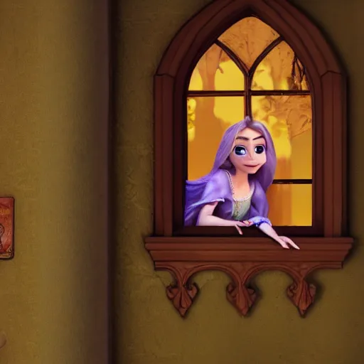 Prompt: rapunzel sadly looking out tower window, artstation, pixar.