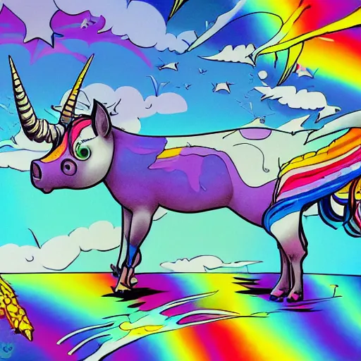 Image similar to trippy comic art of a unicorn horned pig with white wings sleeping on a rainbow in the sky with white clouds, drawn by Martin Rowson, Tim Burton, Studio Ghibli, Alex Pardee, Nekro Petros Afshar, James McDermott, colors by lisa frank, unstirred paint, vivid color, cgsociety 4K