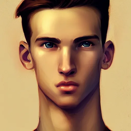 Prompt: colorful Captivating teenage boy with brown blond short quiff hair and thin slightly round facial structure with cleft chin, near eyes, beard, bumpy nose, good definition of cheekbones, Alert brown eyes, narrow face, slim body, atmospheric lighting, painted, intricate, 4k, highly detailed by Charlie Bowater