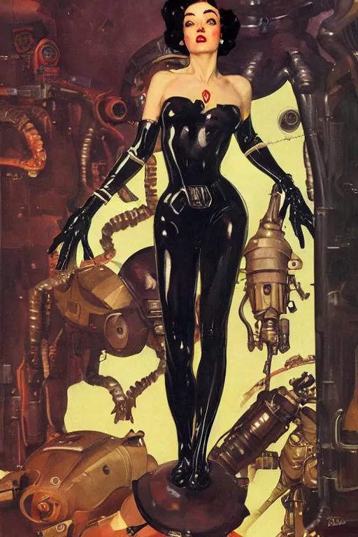 Image similar to 5 0 s pulp scifi fantasy illustration full body portrait elegant woman wearing latex spacesuit with biomech arms, by norman rockwell, roberto ferri, daniel gerhartz, jack kirby, earle bergey, ruan jia, jason fabok, tom lovell, alex malveda, dean cornwell, astounding stories, amazing, fantasy, other worlds