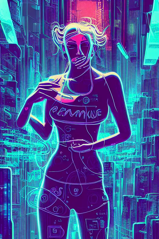 Image similar to dreamy cyberpunk girl full body shot, abstract background, digital nodes, beautiful woman, detailed acrylic, grunge, intricate complexity, by dan mumford and by jonathan solter