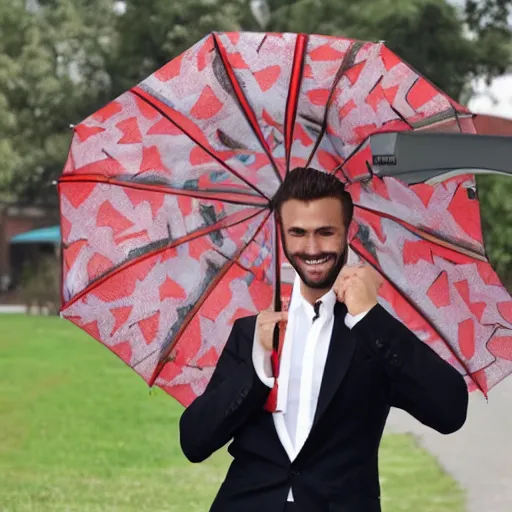 Image similar to gigachad under an umbrella grinning